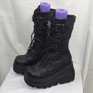 Demonia Shaker-70 Black Vegan Leather Platform Wedge Mid-Calf Spiked Boots 9